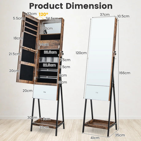 Lockable Freestanding Jewelry Organizer with Full-Length Frameless Mirror-Rustic Brown