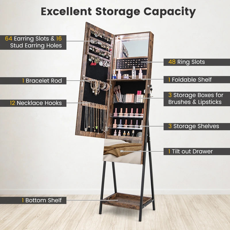 Lockable Freestanding Jewelry Organizer with Full-Length Frameless Mirror-Rustic Brown