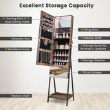 Lockable Freestanding Jewelry Organizer with Full-Length Frameless Mirror-Rustic Brown