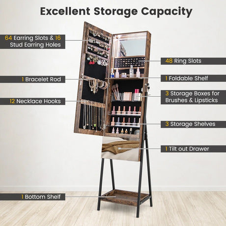 Lockable Freestanding Jewelry Organizer with Full-Length Frameless Mirror-Rustic Brown