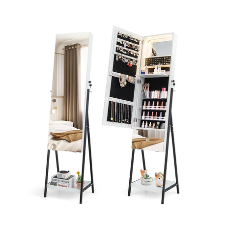 Lockable Freestanding Jewelry Organizer with Full-Length Frameless Mirror-White