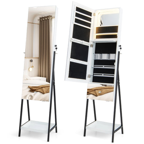 Lockable Freestanding Jewelry Organizer with Full-Length Frameless Mirror-White