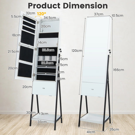 Lockable Freestanding Jewelry Organizer with Full-Length Frameless Mirror-White