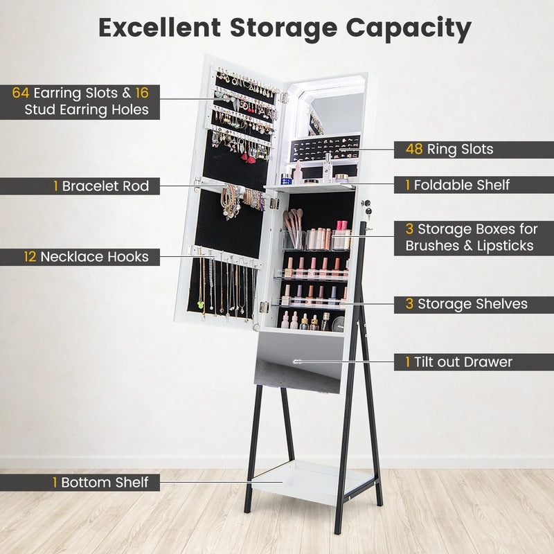 Lockable Freestanding Jewelry Organizer with Full-Length Frameless Mirror-White