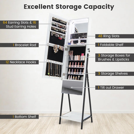 Lockable Freestanding Jewelry Organizer with Full-Length Frameless Mirror-White