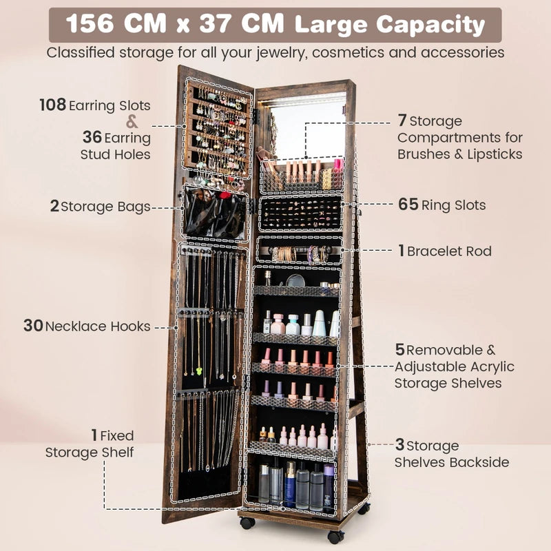 64 Inches Lockable Jewelry Cabinet Armoire with Built-in Makeup Mirror-Coffee