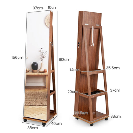 64 Inches Lockable Jewelry Cabinet Armoire with Built-in Makeup Mirror-Brown