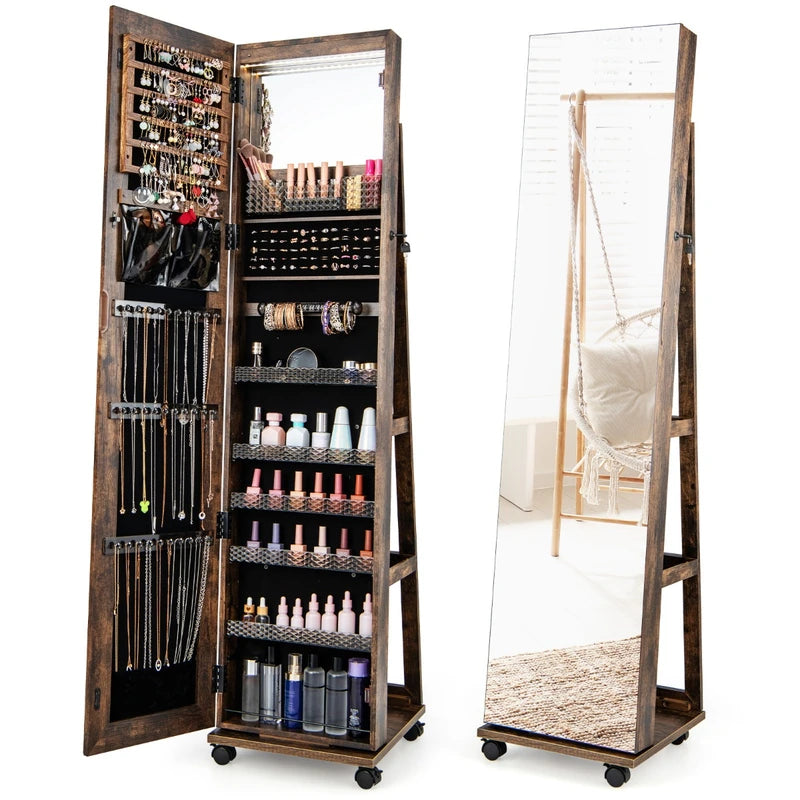 64 Inches Lockable Jewelry Cabinet Armoire with Built-in Makeup Mirror-Coffee