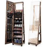 64 Inches Lockable Jewelry Cabinet Armoire with Built-in Makeup Mirror-Coffee
