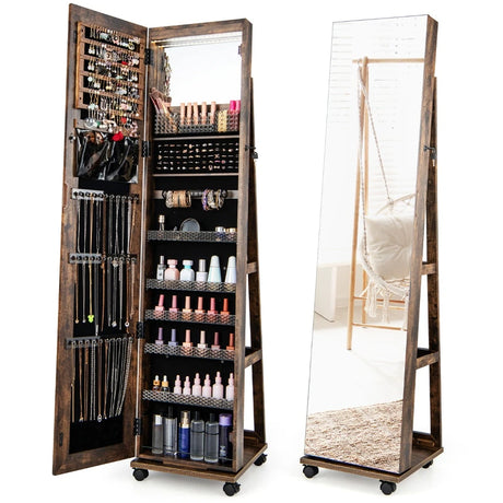 64 Inches Lockable Jewelry Cabinet Armoire with Built-in Makeup Mirror-Coffee