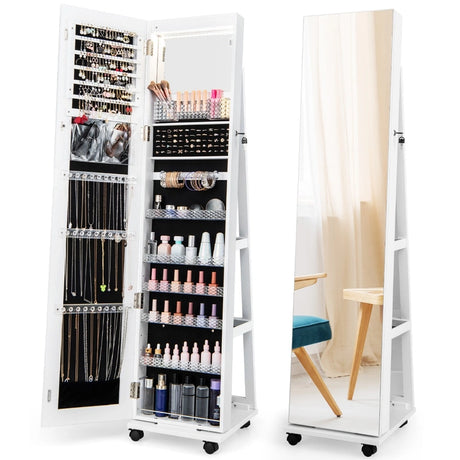 64 Inches Lockable Jewelry Cabinet Armoire with Built-in Makeup Mirror-White