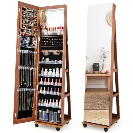 64 Inches Lockable Jewelry Cabinet Armoire with Built-in Makeup Mirror-Brown
