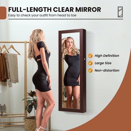 Lockable Wall Mount Mirrored Jewelry Cabinet with LED Lights-Brown