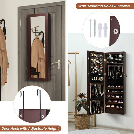 Lockable Wall Mount Mirrored Jewelry Cabinet with LED Lights-Brown