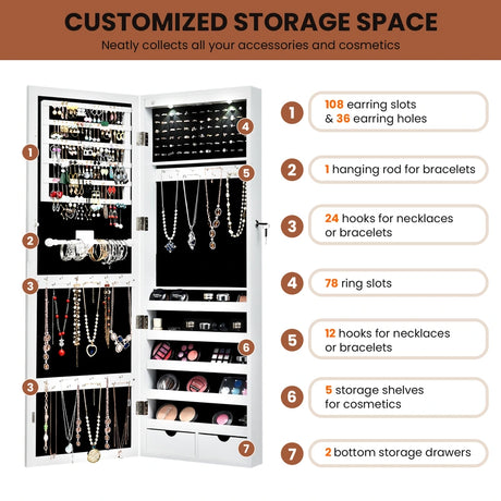 Lockable Jewelry Cabinet with 2 LED Lights for Daily Makeup
