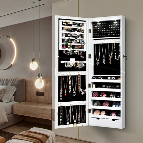 Lockable Jewelry Cabinet with 2 LED Lights for Daily Makeup