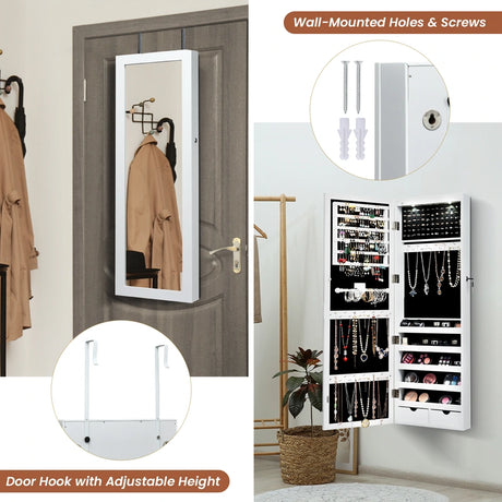 Lockable Jewelry Cabinet with 2 LED Lights for Daily Makeup