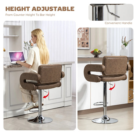 HOMCOM PU Leather Upholstered Swivel Bar Stool, Height Adjustable with Back, Armrest, Footrest, Coffee