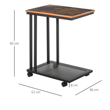 HOMCOM C Shaped Side Table with Wheels, Mobile End Table, Laptop Stand with Metal Frame and Storage Shelf, Rustic Brown