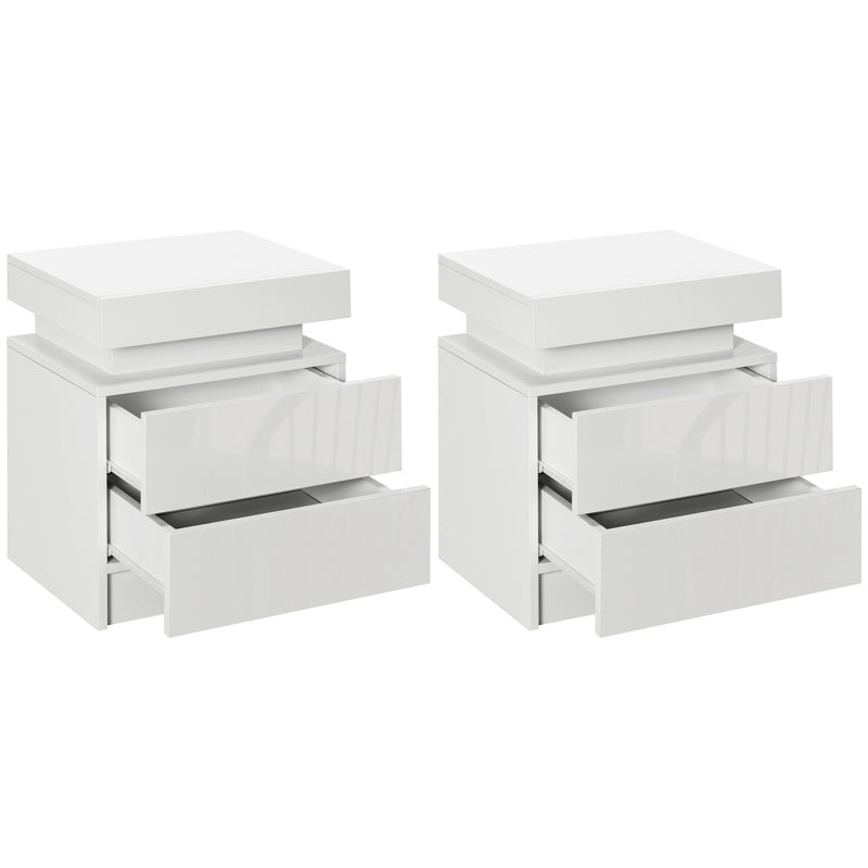 HOMCOM Set of 2 White Bedside Tables with LED Lights, High Gloss Front Nightstands with 4 Drawers