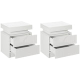 HOMCOM Set of 2 White Bedside Tables with LED Lights, High Gloss Front Nightstands with 4 Drawers