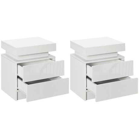 HOMCOM Set of 2 White Bedside Tables with LED Lights, High Gloss Front Nightstands with 4 Drawers