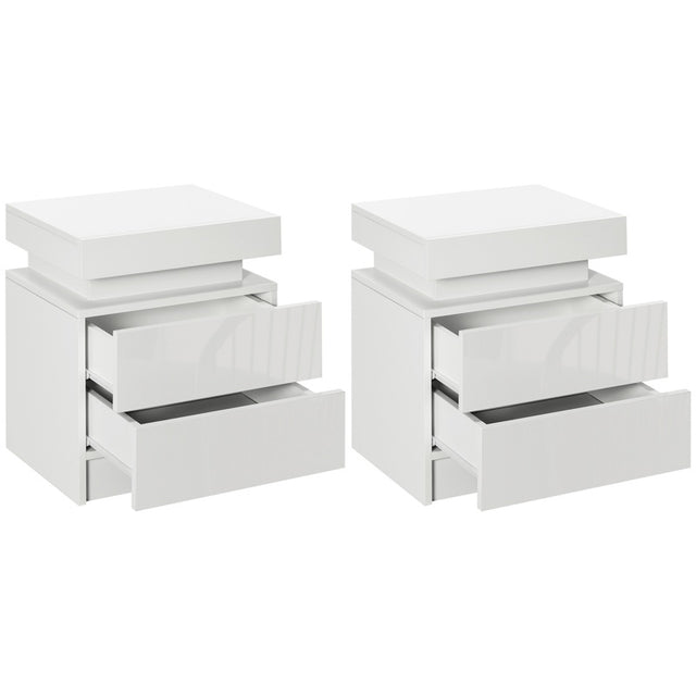 HOMCOM Set of 2 White Bedside Tables with LED Lights, High Gloss Front Nightstands with 4 Drawers