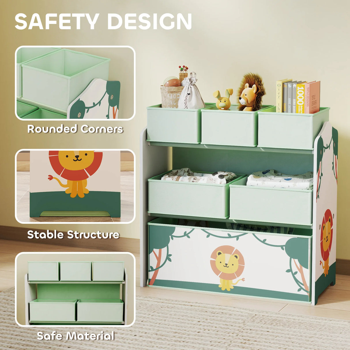 AIYAPLAY Kids Toy Storage Units, 3-Tier Toy Organiser Shelf with 6 Removable Boxes for Kids, Bedroom, Playroom, Green