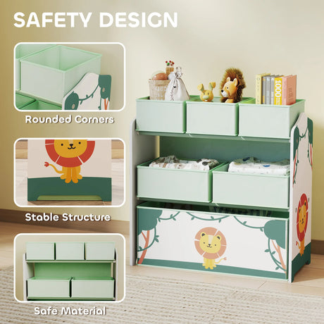 AIYAPLAY Kids Toy Storage Units, 3-Tier Toy Organiser Shelf with 6 Removable Boxes for Kids, Bedroom, Playroom, Green