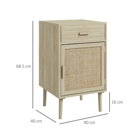 HOMCOM Bedside Table Set of 2, Rattan Side Tables with Drawer, Cabinet and Adjustable Shelf, Boho Bedside Cabinet with Storage for Bedroom, Living Room, Natural Wood Effect