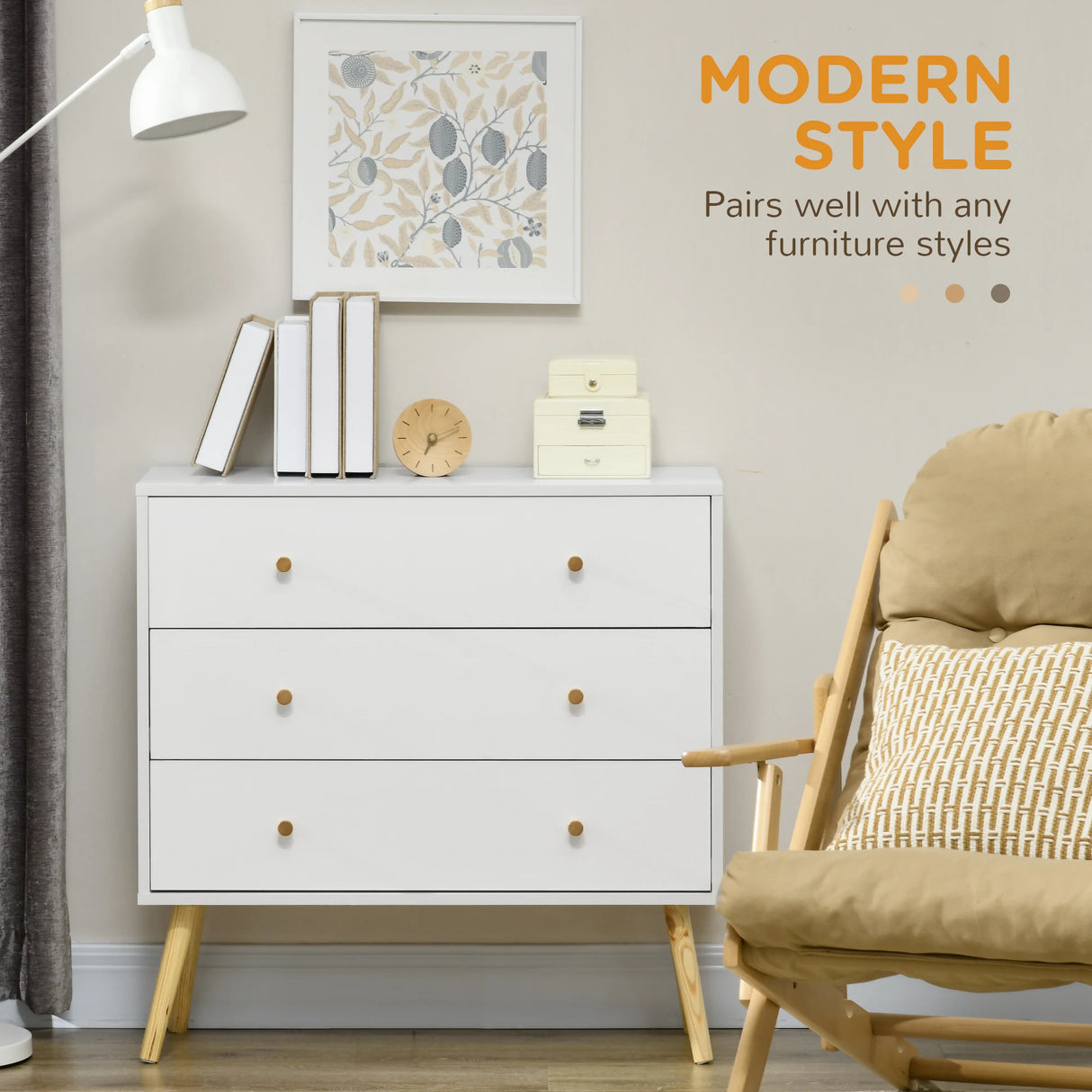 HOMCOM Chest of Drawers, 3-Drawer Storage Organiser Unit with Wood Legs for Bedroom, Living Room, White