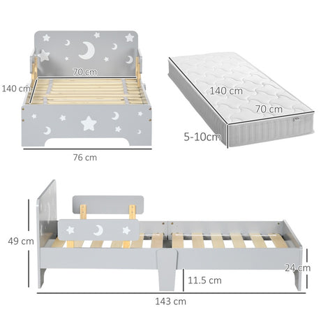 ZONEKIZ Kids Toddler Bed, with Star and Moon Patterns, Side Rails, for Ages 3-6 Years - Grey