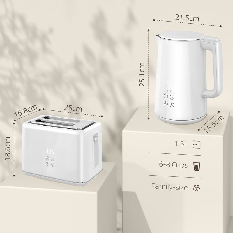 HOMCOM Kettle and Toaster Set, 1.5L 3000W Fast Boil Kettle with Insulation & 2 Slice Toaster Kitchen Set with 7 Level Browning Controls, Defrost, Reheat and Crumb Tray, Cream White