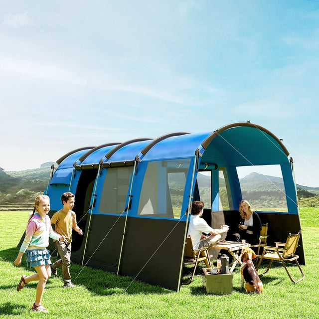 Outsunny 8-Person Camping Tent, Waterproof Family Tent, Tunnel Design, 4 Large Windows, Sleeping Cabins 3000mm Water Column Blue