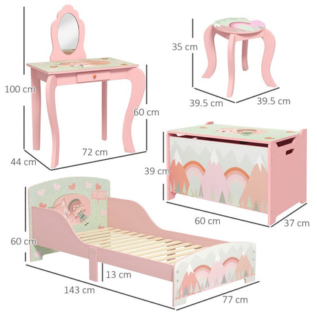 ZONEKIZ Kids Bedroom Furniture Set Includes Bed Frame, Toy Chest, Dressing Table for Ages 3-6 Years, Pink