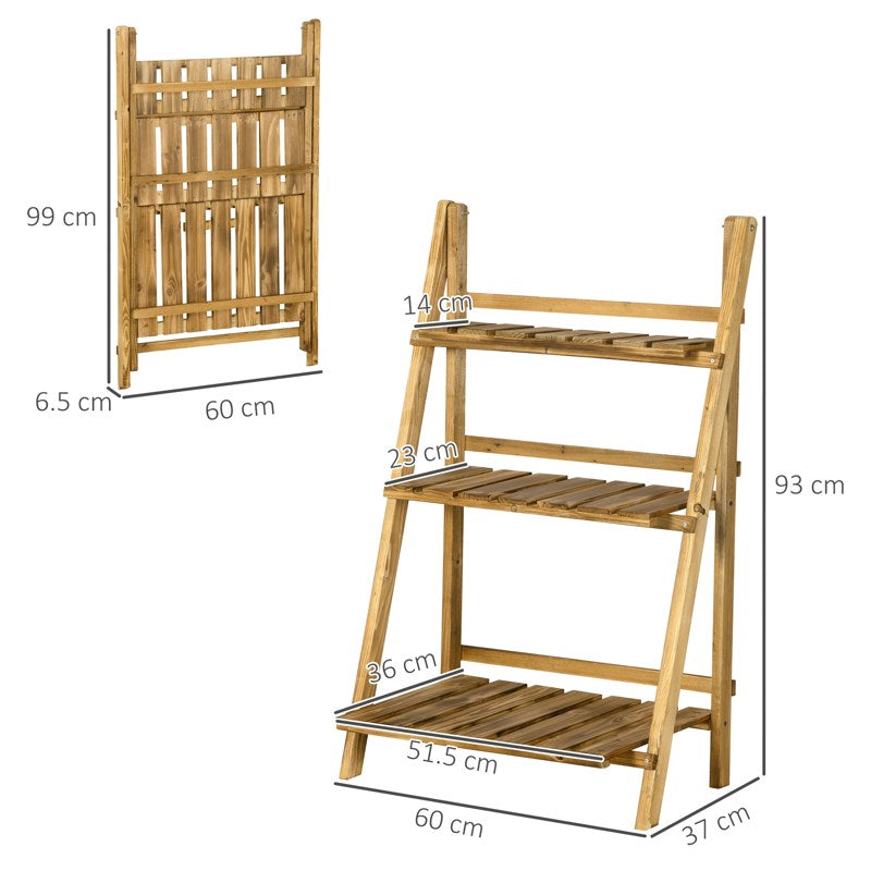 Outsunny Wooden Folding Flower Pot Stand 3 Tier Garden Planter Display Ladder Gardener Storage Shelves Rack Herb Holder (60L x 37W x 93H cm)