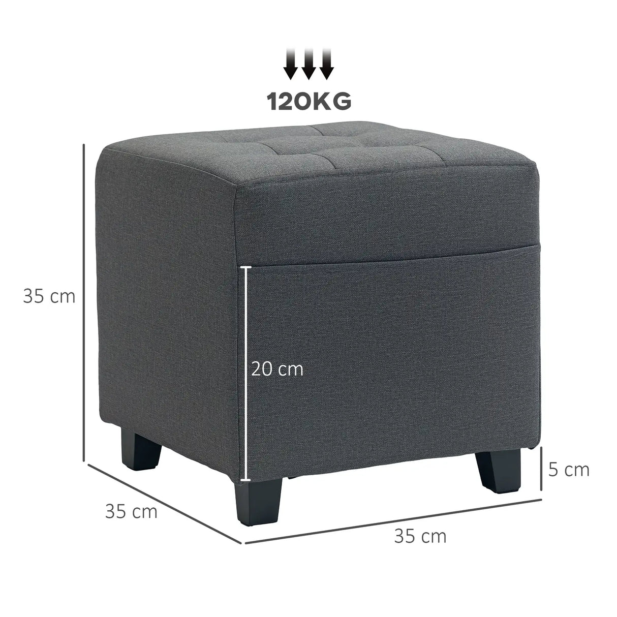 HOMCOM Square Footstool, Small Ottoman with Side Pocket, Linen Fabric Footrest Foot Stool with Rubber Wood Legs and Padded Seat for Living Room, Bedroom, Entryway, 35 x 35 x 35cm, Grey