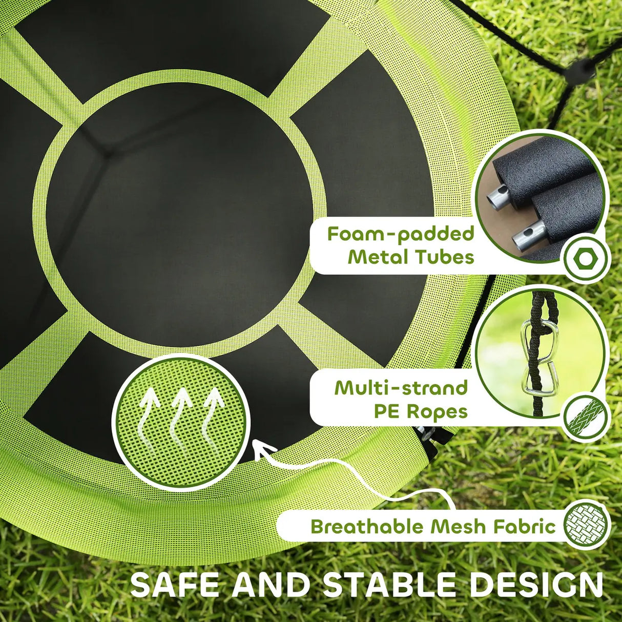 AIYAPLAY 100cm Diameter Nest Seat for Kids with Height Adjustable Hanging Ropes for Outdoor, Playground, Garden, Green