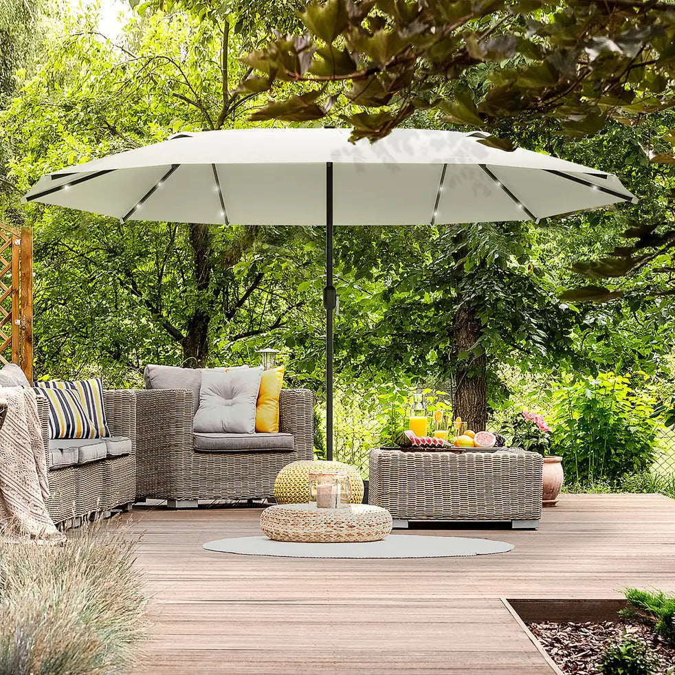 Outsunny 4.4m Double-Sided Sun Umbrella Patio Parasol LED Solar Lights Cream White