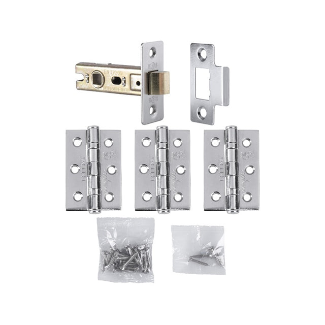 LATCH PACK – HINGES (3 PACK) & 2.5 INCH BOLT THROUGH LATCH - POLISHED CHROME - PACK