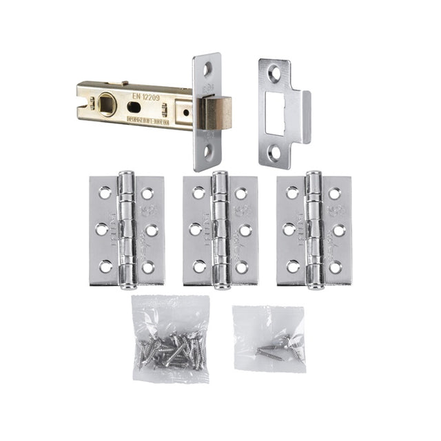 LATCH PACK – HINGES (3 PACK) & 3 INCH BOLT THROUGH LATCH - POLISHED CHROME - PACK