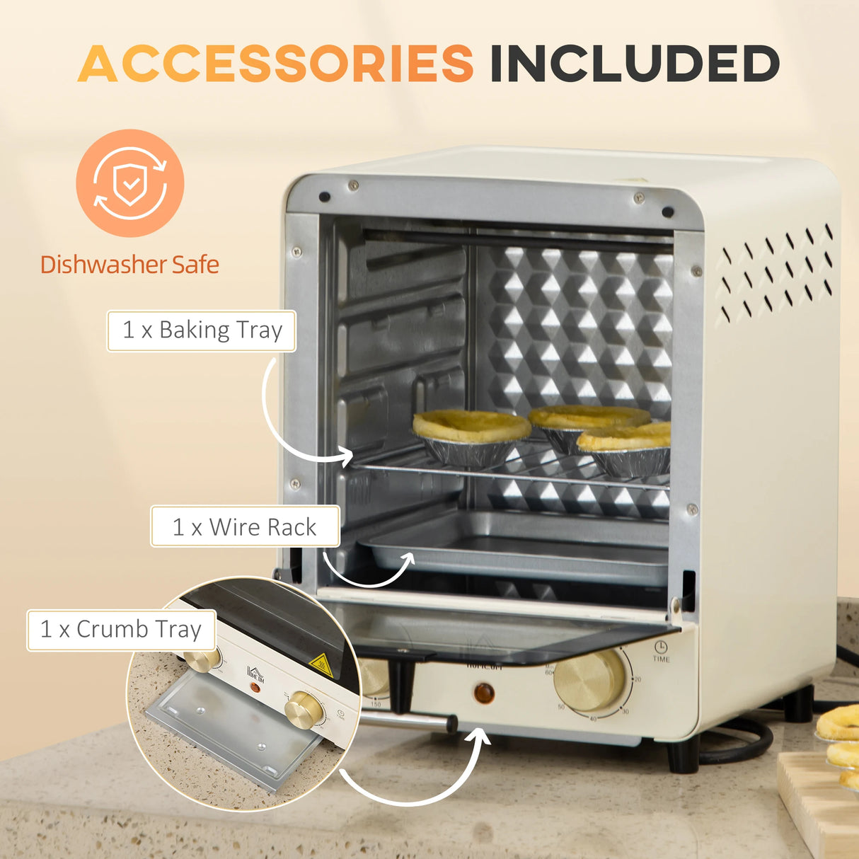 HOMCOM Mini Oven, 15 Litres Electric Oven and Grill with 60-230C Adjustable Temperature, 60 Minute Timer, Include Baking Tray, Wire Rack and Crumb Tray, 1000W, Cream White