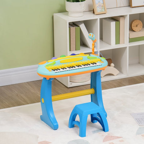 AIYAPLAY 37 Keys Kids Piano w/ Microphone, Stool, LED Lights, Record & Replay Function, Blue