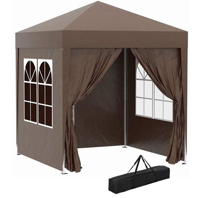 Outsunny 2 x 2 m Garden Pop Up Gazebo, Wedding Party Tent Marquee, Water Resistant Awning Canopy with Sidewalls, Windows, Carry Bag, Coffee