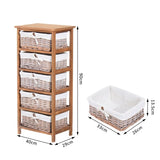 HOMCOM 5 Drawer Dresser Wicker Basket Storage Shelf Unit Wooden Frame Home Organisation Cabinet Bedroom Office Furniture Natural Finish