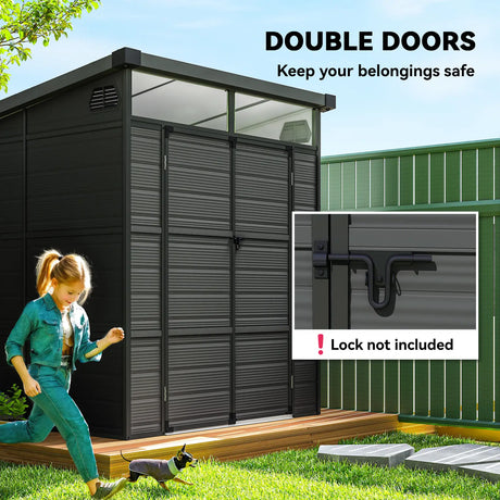 Outsunny 6 x 6ft Outdoor Storage Shed, Plastic Garden Shed with Windows and Air Vents, Outdoor Resin Tool Shed with Latch Doors for Garden, Deck, Dark Grey