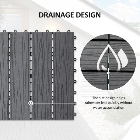 Outsunny WPC Interlocking Decking Tiles, Pack of 11 Interlocking Patio Paving Slabs, 30 x 30 x 2.2 cm, Grey