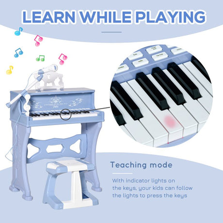 HOMCOM 37 Keys Kids Piano Mini Electronic Keyboard Light Kids Musical Instrument Educational Game Children Grand Piano Toy Set w/Stool & Microphone & Music Stand (Blue)