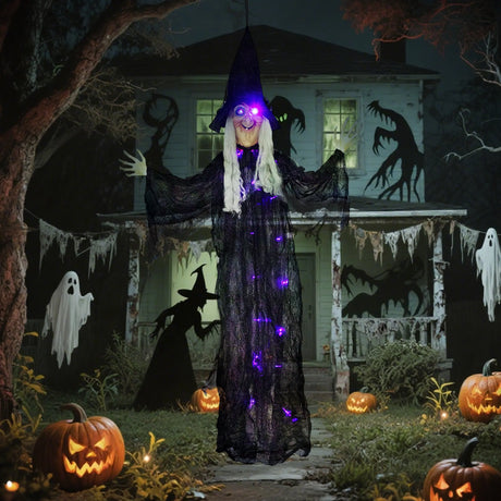 Outsunny 183 cm Life Size Halloween Animated Hanging Witch with Glowing LED Eyes & Body, Spooky Witch Scary Halloween Decorations, Battery Operated, Indoor Party Props