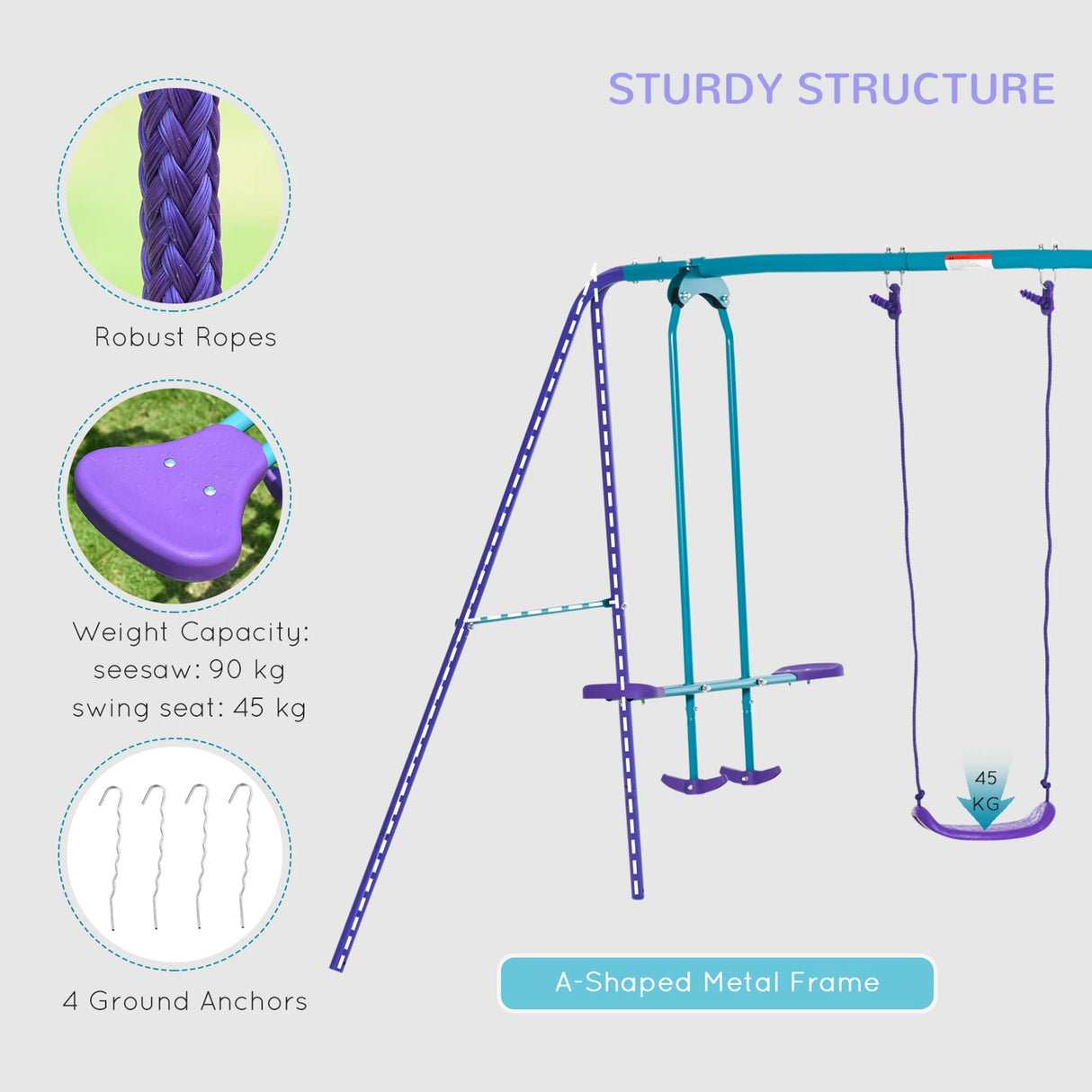 Outsunny Metal Swing Set, with Seesaw, Adjustable Height, for Ages 3+ Years, Purple